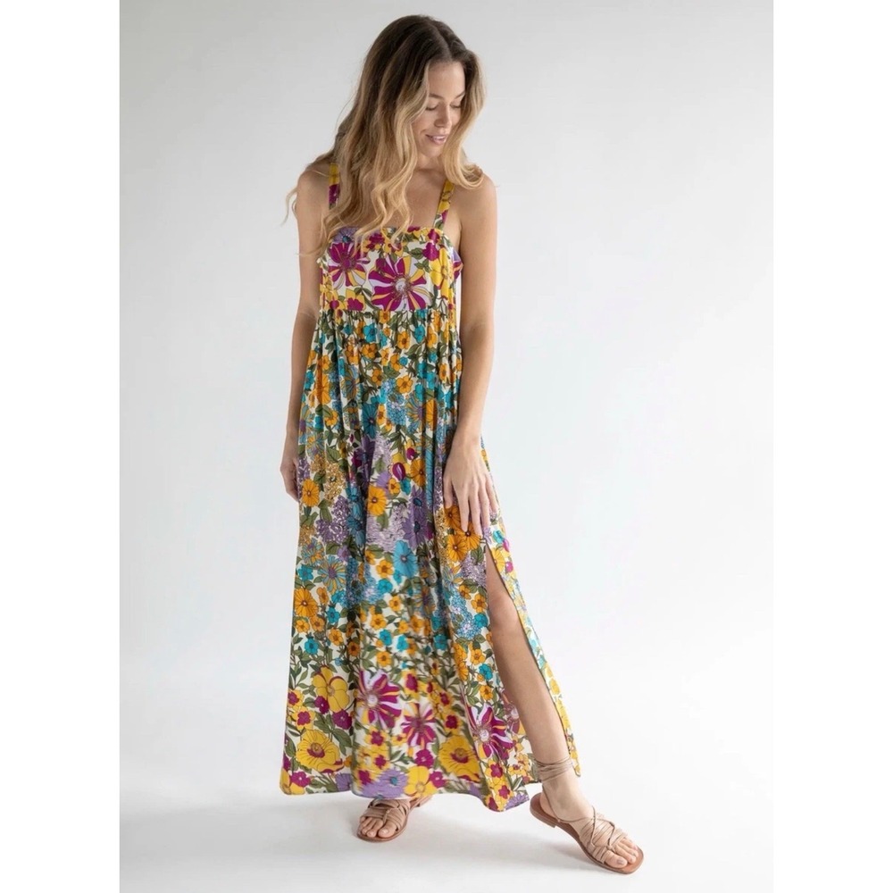 Natural Life Bright Ditsy Floral Rayon Sleeveless Maxi Dress Cottagecore Medium